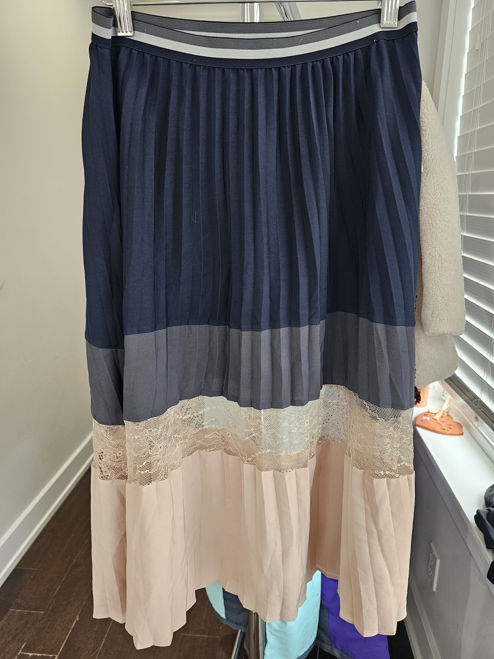 Zara Pleated Colorblock Midi Skirt in Navy, Gray & Blush